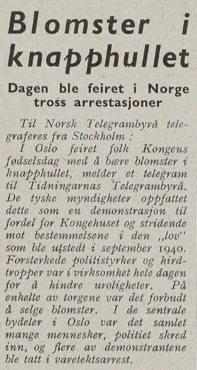 Omtale av Kongeblomstaksjonen i eksilregjeringens avis Norsk Tidend fem dager etter aksjonen og arrestasjonene fant sted.