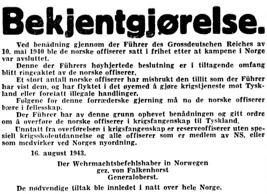 I Aftenposten 16. april 1943 kunne man lese om storaksjonen mot de norske offiserene, som ble igangsatt samme dag.